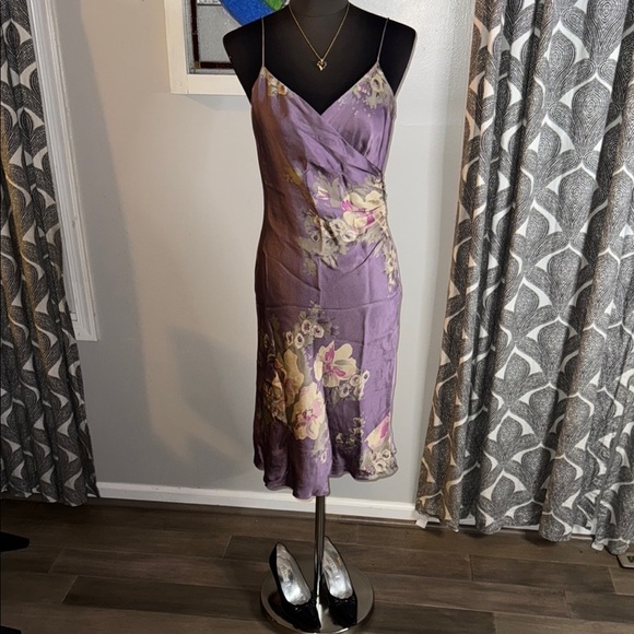 Dusty Purple 100% Silk Floral Midi Dress SZ 6 - Picture 2 of 11